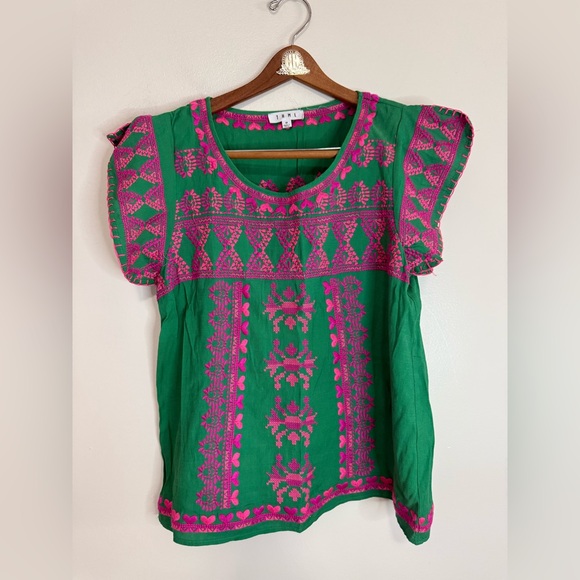 THML Tops - THML Embroidered Flutter-Sleeve Top in Green & Pink in size medium